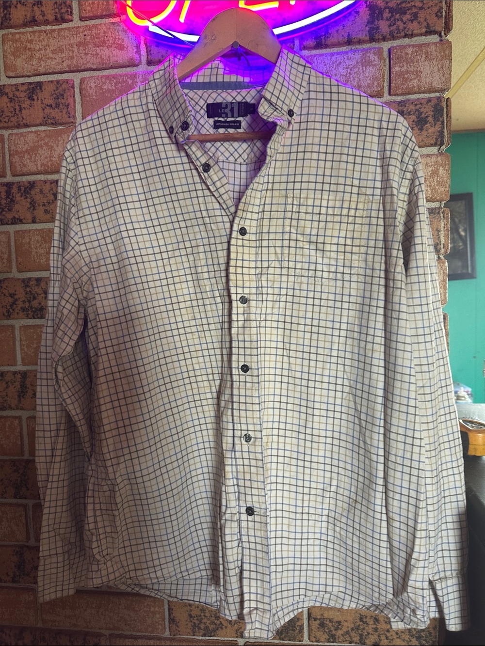 L.L. Bean Men’s Long-Sleeve Grid Button-Down Shirt in Cream and Blue
